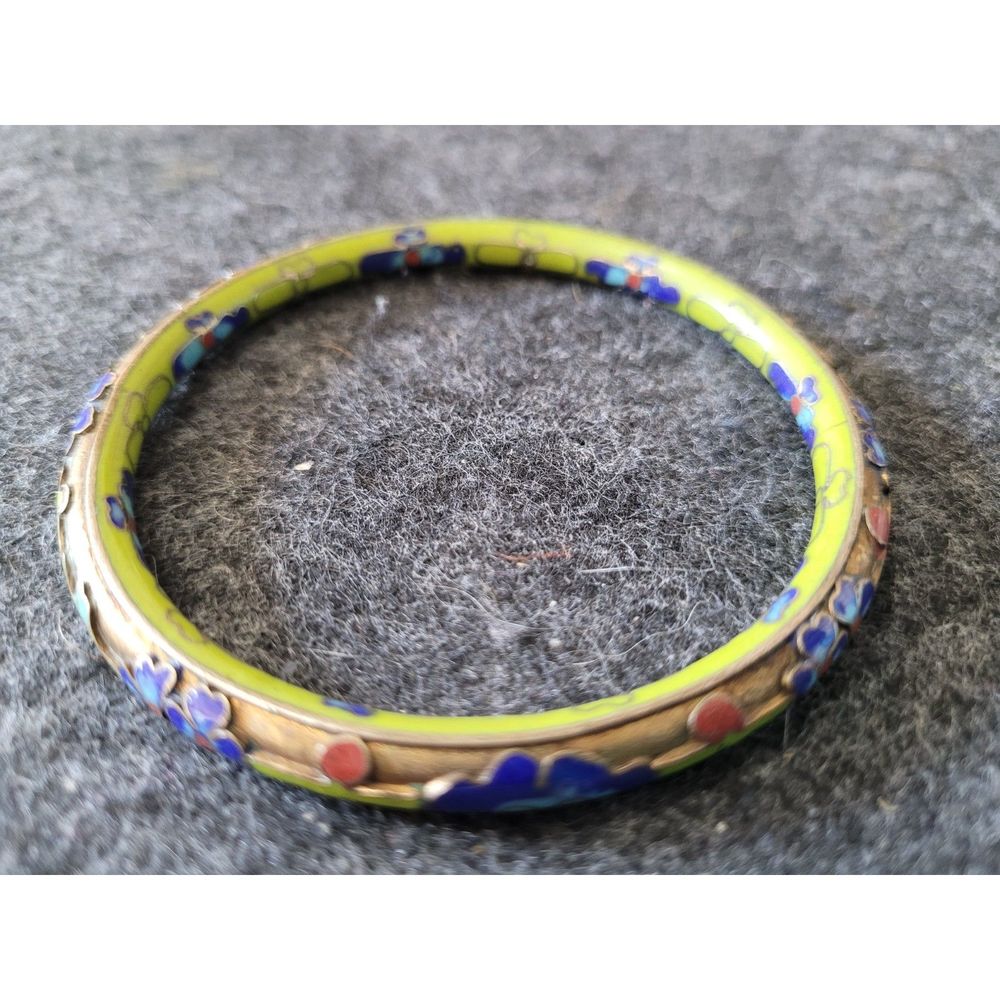 Rare Vtg Cloisonne Bracelet Champleve Blue and Green Enamel Multicolor Flower
